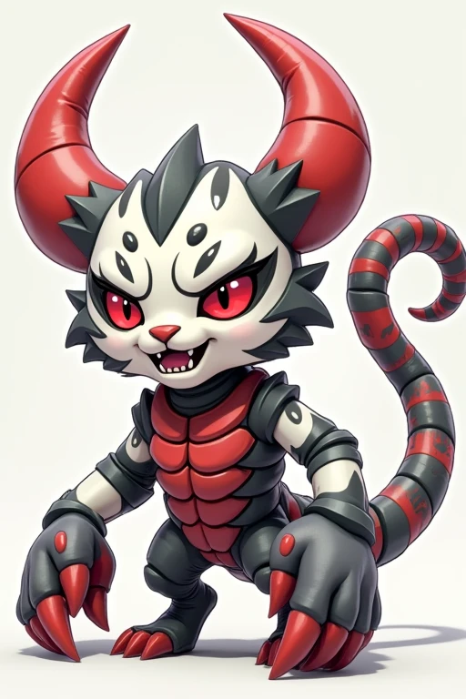 A small Chibi baby humaniod creature.
Appearance: a hybrid creature, half saber tooth tiger half scorpion .
The creature is mostly tiger but had scorpion like tail and claws.
The creature has a scorpion exoskeleton that covers the chest claws and tail.
The creature looks very menacing.
Style : cel shaded , 3d , anime, Full-body, t pose.
Colors: white , lite gray and dark gray , blood red
This is a digimon