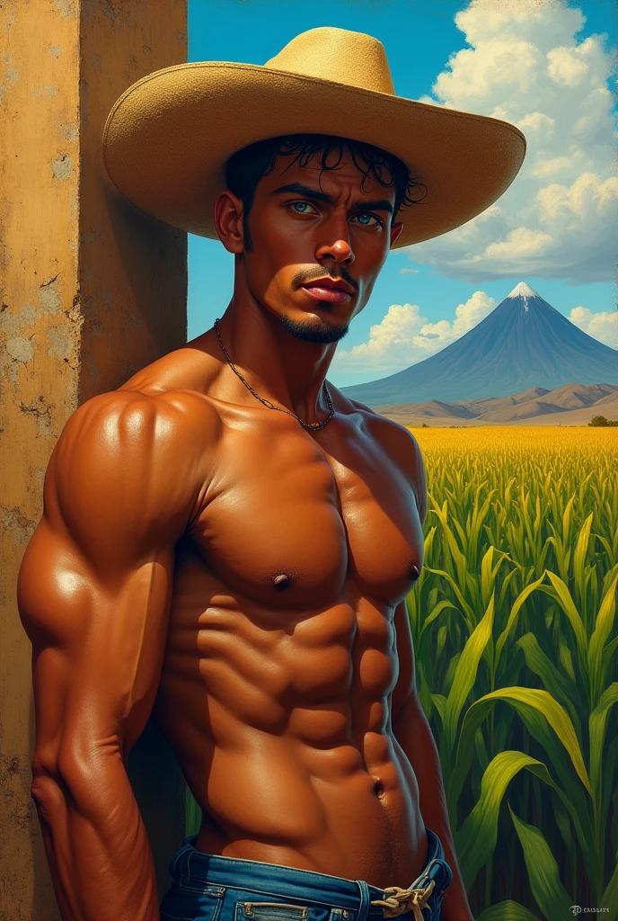 20 years old men, shirtless, barefoot working on the fields, athletic_toned_body Scene: Mexican peasant plowing the land with a plow pulled by oxen. Characteristics: Thin man, dark skin, wide-brimmed hat. Background: Cornfield, volcano in the background. Style: Mexican muralism, monumental figures and vibrant colors. Palette: Warm tones, reds, yellows and greens. ((fullbody_homoerotism_nsfw) A young athletic body toned muscular slender, white skin, short wavy blonde hair, light blue eyes, straight nose, thick lips, square face, chin heart, he is tall, perfect hands and feet, perfect anatomy, divine proportions, gentle smile, innocent look, looking at the camera, standing leaning on the column, generate the image with erotisms, seduction, lusty, sin, (( Highlight the rippling muscles smiling, their bodies glistening with droplets. The focus should be on the men's powerful physique, the background should be blurred to create a sense of movement and energy. evoking the strength, symmetry, beauty of the male body.)
