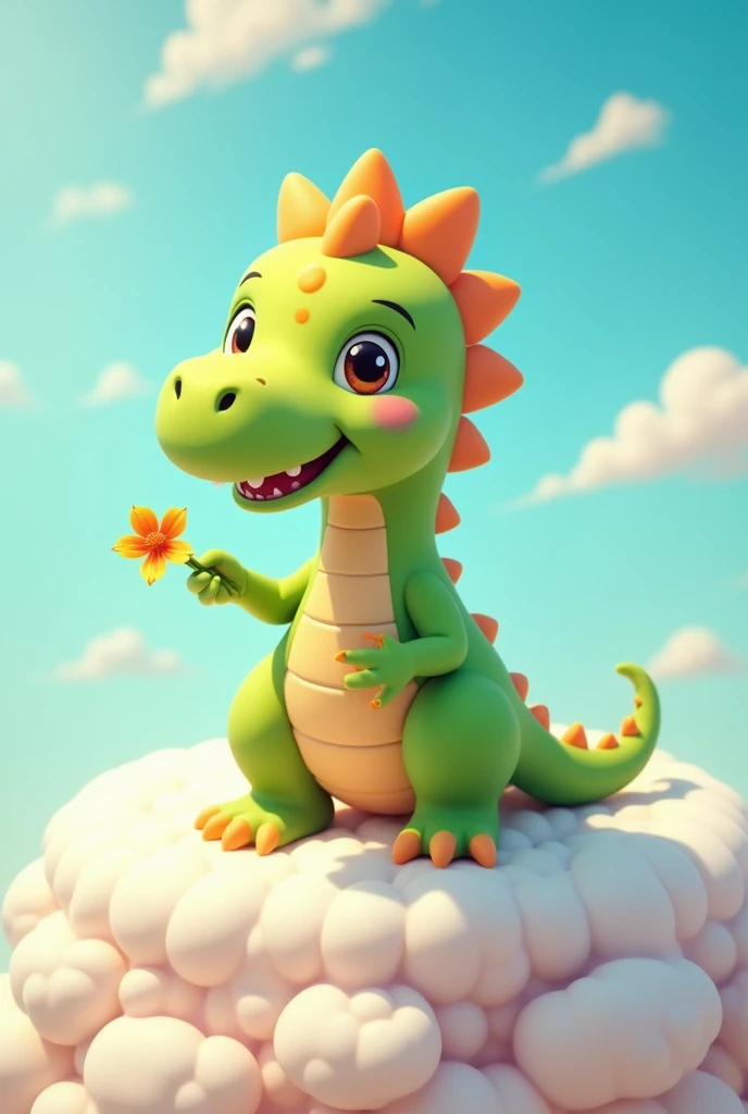 A beautiful photo of a green cartoon dinosaur with a suntan flower in her hand and her post is made of beautiful white clouds.