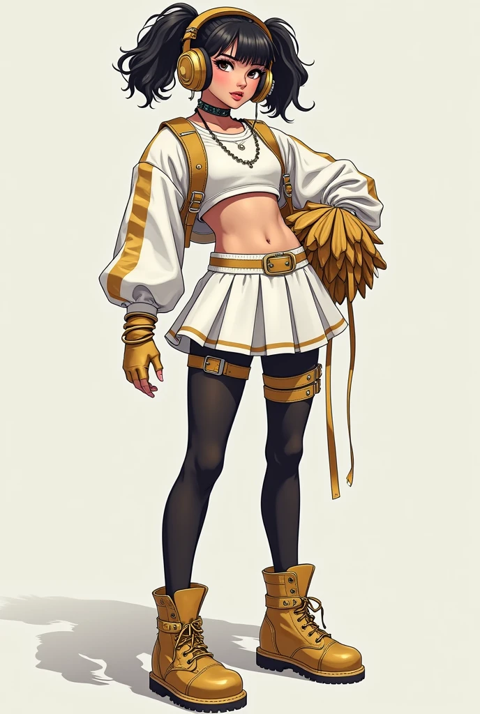 Cheerleader wearing a white long-sleeved crop top and a short white tulle skirt with tights and ankle boots. Gold leather accessories with straps and studs. K pop headphone full body art