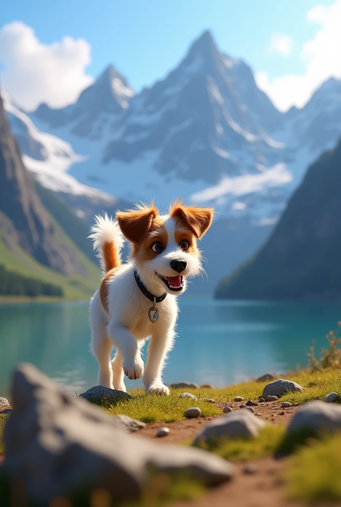 Disney Pixar Style Jack Russell terrier, high qualiy, best qualityer, scruffy, mountain range, lake, summit, low angle, close up, bokeh