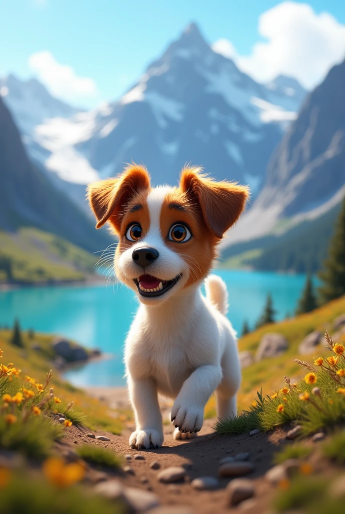 Disney Pixar Style Jack Russell terrier, high qualiy, best qualityer, scruffy, mountain range, lake, summit, low angle, close up, bokeh
