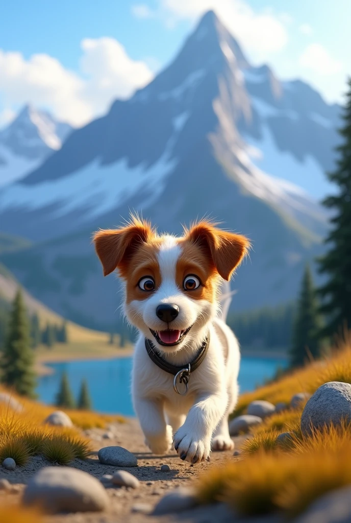 Disney Pixar Style Jack Russell terrier, high qualiy, best qualityer, scruffy, mountain range, lake, summit, low angle, close up, bokeh