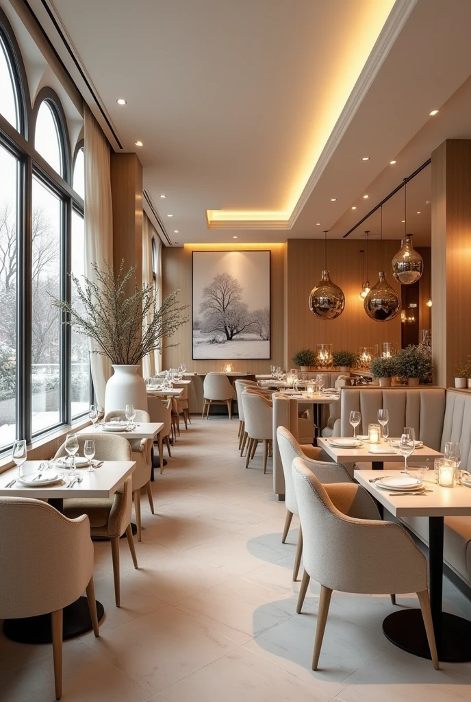 a picture of a modern chic restaurant,em tons de branco, beige and gold,no winter theme