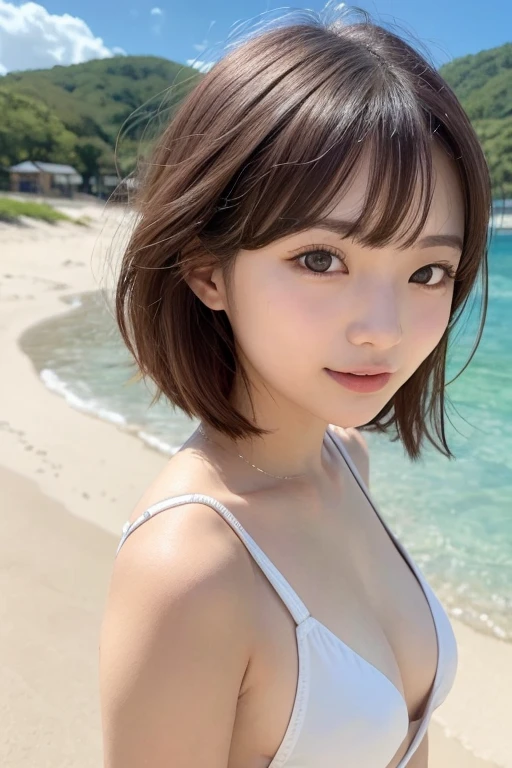 beautiful, nature, Glossy Lips、short hair、Very short hair、Shortcuts、Japan One Girl、（beauty、Delicate：1.3）、（20-year-old：1.3）、break、（Upper body from the waist up、Micro Bikini：1.3）、break、Definition of Very Fine Particles、（Symmetrical eyes：1.3）、break、（beautiful sea and white sand：1.3）、break、Small breasts、Emerald Eyes、Parted bangs、Brown Hair、、break、（Eye and facial details：1.0）、break、（masterpiece、Highest quality、Very detailed、Detailed face、8k）、smile、とてもSmall breasts、