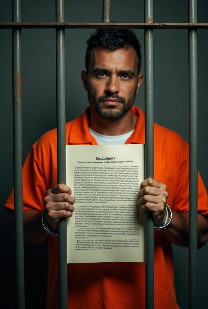 A male inmate dressed in orange, handcuffed, Behind bars, showing a sheet of paper with text that says "Amparo lawsuit" Text in Spanish language