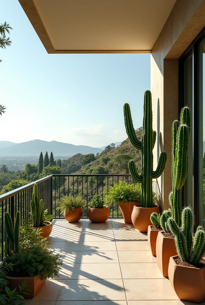 Show images of railings on the second floor of a modern Mediterranean style house with cactus