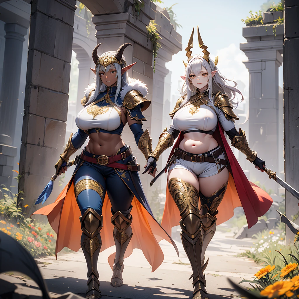 ((best quality)), (detailed), 1 women dark knight armor, 8k_wallpaper, extremely detailed eyes, (large masterpiece digital art), (intricate details:1.3 ), (ultra-detailed:1.3), (sharp focus:1.3), (natural lighting:1.05), (vivid colors:1.3), (best quality:1.4), expressive eyes, full body, detailed face, beautiful face, perfect face, ((hair sandy white curls)), ((gold horns)), (gold eyes), {{dark skin}}, ({dark skinned female}), big breasts, huge chest, powerful relief muscles of the abdomen and legs, powerful strong muscles of the arms, belly piercing with blue emeralds, mid-range pelvis and big ass, cruel predatory and cold-blooded arrogant look and smile, an open red coat with rolled up sleeves, an open coat with rolled up sleeves, a silk yellow crop top through the fabric of which the clear outlines of large pointed nipples are visible, a wide orange belt lowered lower with large gold yarn, leather shorts, leather gloves, steel gray bracers and shoulder pads, dark silver chain mail oversleeves, a medieval marching backpack made of animal skins and fur, walking along the path against the backdrop of the elven ruins of the city and colorful blooming flowers,