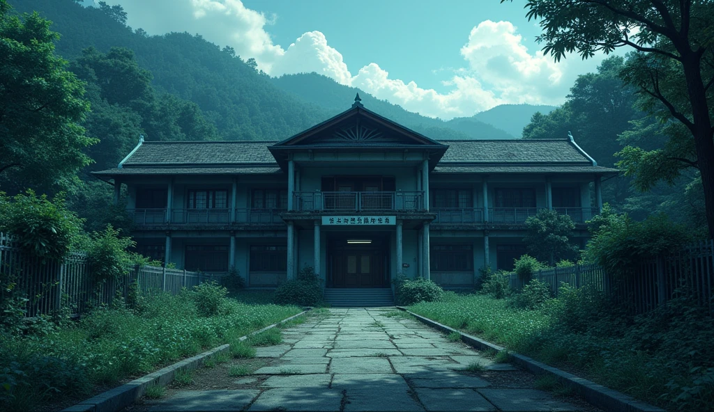 A sad japanese school abandoned who the atmospher is very dark, outside of the school views anime style, the school entrance