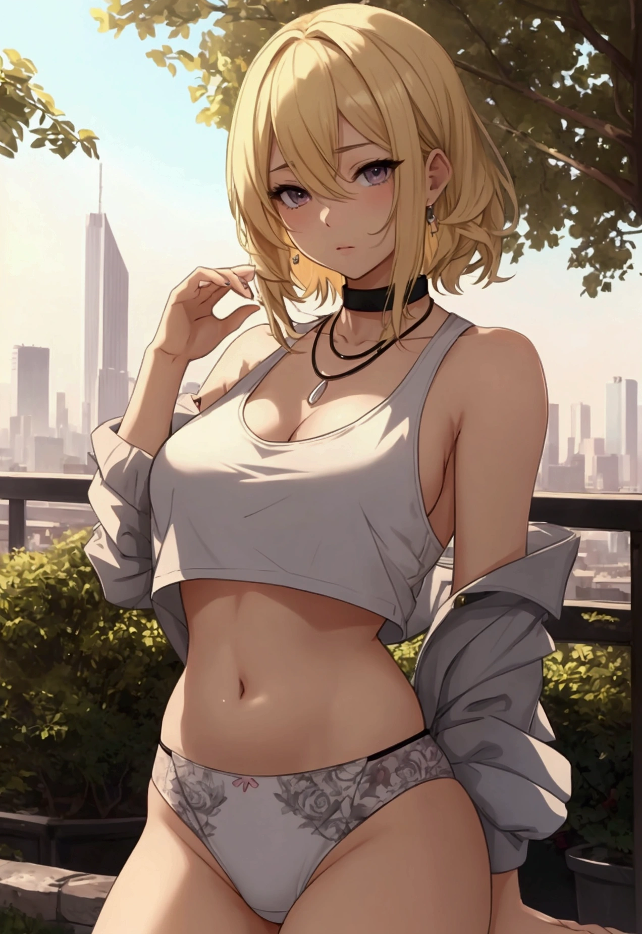 A stunning manga illustration of a female character with blonde hair wearing a cropped tank top and a pair of tight, revealing . She has a small choker-shaped necklace around her neck, accentuating her youthful appearance. The background is a mix of cityscape and nature, with a city skyline visible behind it. There is a sense of calm and serenity to the scene, with soft pastel colors and a gentle breeze rustling through the trees, doggy s
