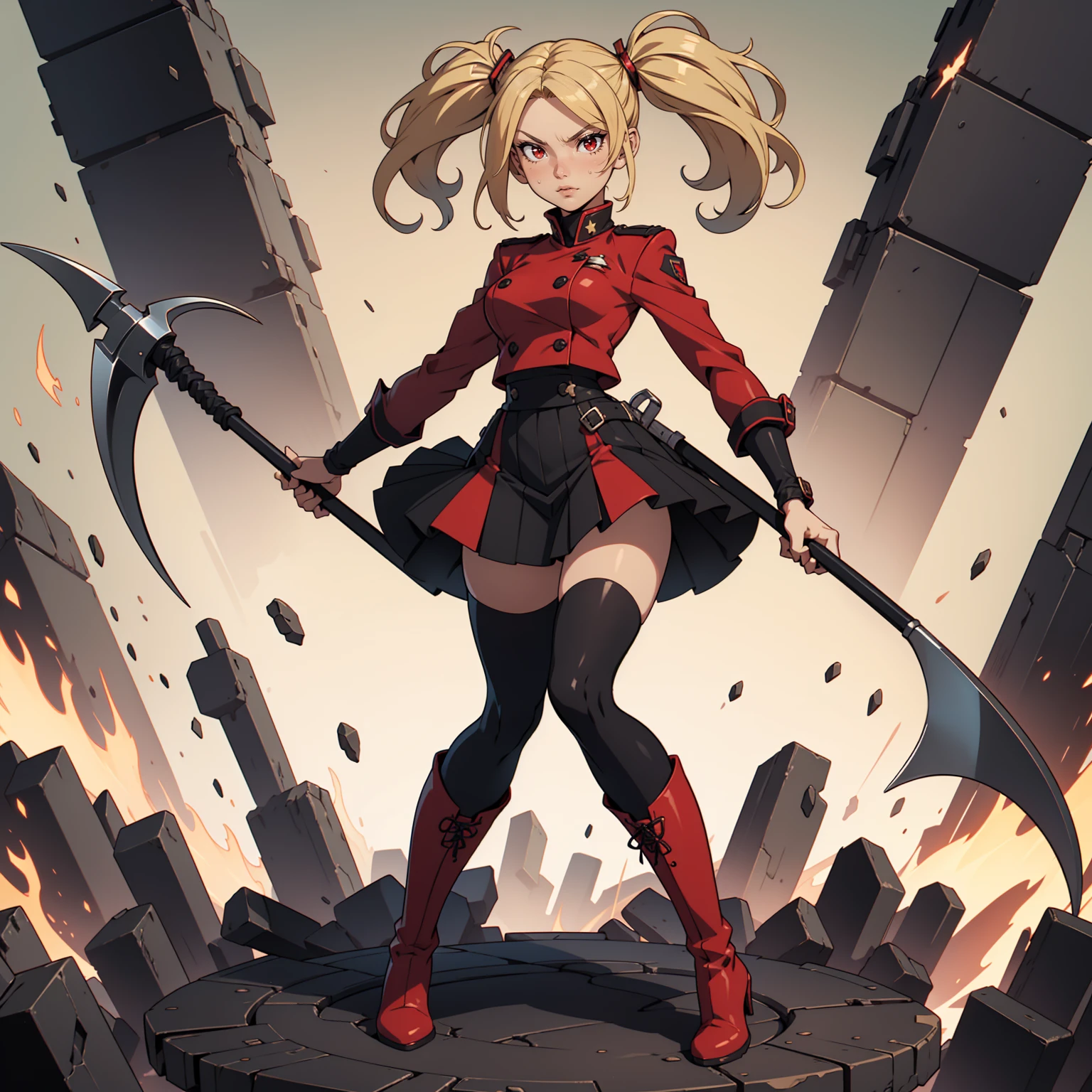 Very detailed, serious facial expression, figurine, full body view, blonde hair with twintails, red eyes, looking at viewer, black and red uniform, skirt, black boots, attack pose, holding scythe with both hands.