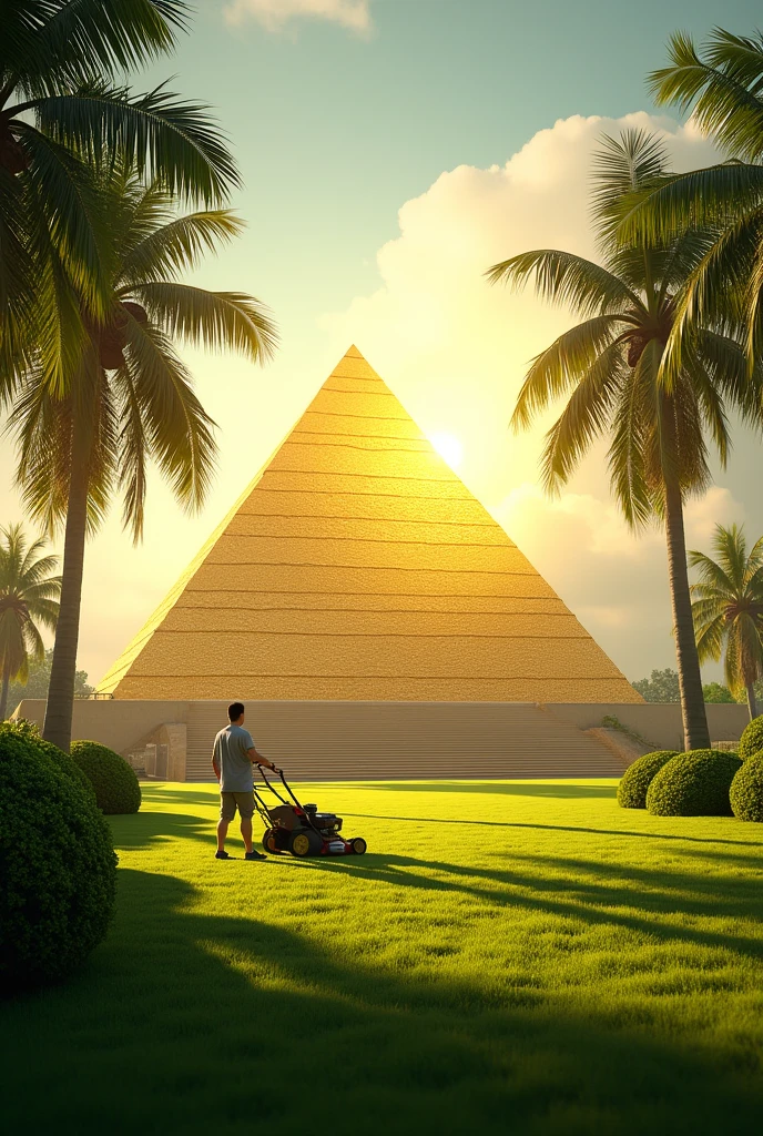 Gold pyramid with palm trees with a person cutting the grass