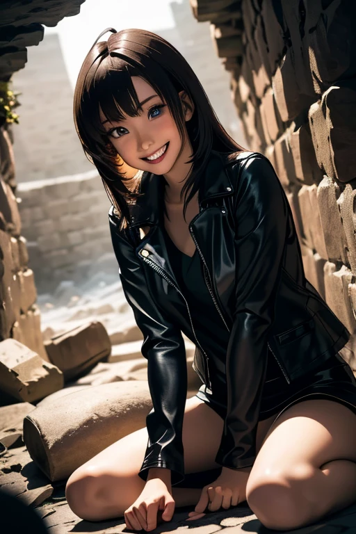 Highest quality　High resolution　Simple　Remainsの様なDungeons　RemainsDungeons　Long bangs　Adult female　Adventurer Girl　Loose expression　cute　smile　Leather jacket　Beautiful Eyes　One Woman　Long side hair　Very black hair　Shiny long hair　Straight hair　Ahoge　Wide sleeves　Long hem　cute目　Remains　Dungeons　Underground maze