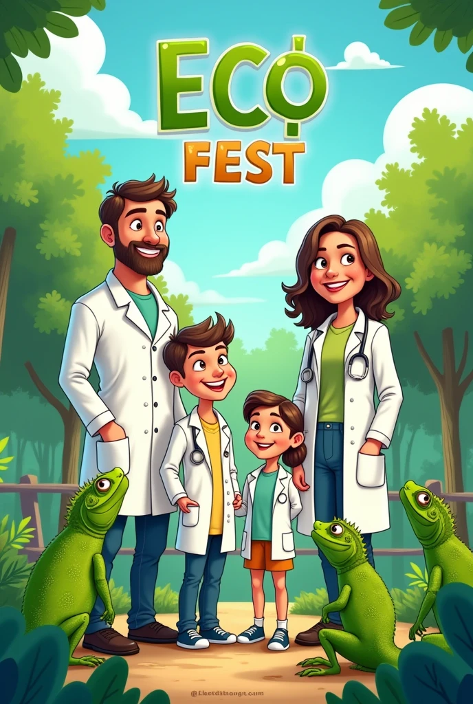 Family of workers with white coats, outside of laboratory, toon, vivid color, specially green , draw 5 green iguanas, no reallistic, called "ECO FEST", toon
