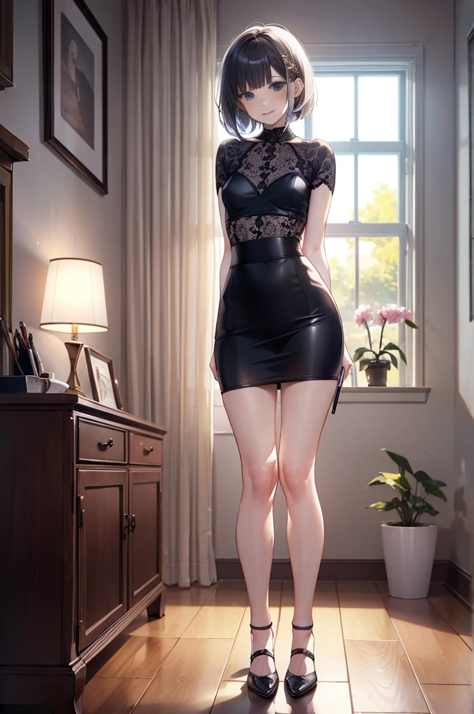 (masterpiece), 4K,woman,I have a pen,長袖を着たwoman医師,Small breasts,Small Ass,Bobcut,Light bulb lighting,Realistic, skinny, Amis Stockings,smile,Sit in a luxurious chair,((Knee-length pencil skirt)),