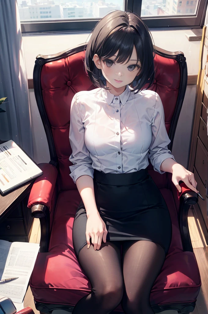 (masterpiece), 4K,woman,I have a pen,長袖を着たwoman医師,Small breasts,Small Ass,Bobcut,Light bulb lighting,Realistic, skinny, Amis Stockings,smile,Sit in a luxurious chair,((Knee-length pencil skirt)),