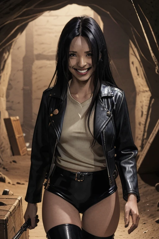 Highest quality High resolution Simple Remainsの様なDungeons RemainsDungeons Long bangs Adult female Adventurer Girl Loose expression cute smile Leather jacket Beautiful Eyes One Woman Long side hair Very black hair Shiny long hair Straight hair Ahoge Wide sleeves Long hem cute目 Remains Dungeons Underground maze