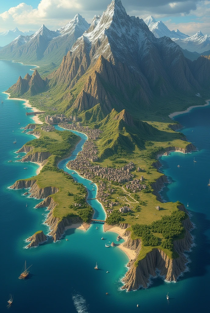 To create a detailed and atmospheric fantasy map of the kingdom of Sephoria, here is a comprehensive draft:
Description of the fantasy map of Sephoria:
1. coastal and marine area:
• Western Sea: In the west of the map stretches the vast, deep blue sea. The coast is irregularly shaped, with some smaller bays and cliffs. In the northwest is the city of Tirast, whose harbor lies in a natural bay.
2. mountains and fortress:
• Cyrillic Mountains: In the northeast rise the high and rugged Cyrillic Mountains, that mark the northeastern border of the kingdom. The peaks are covered in snow. On one of the highest mountains sits the fortress of Dämmerwacht, an old and imposing fortress, that watches over the surrounding land.
3. rivers and lakes:
• Aglion River: This river originates in the Cyrillic Mountains and flows south. It flows into the large, sparkling Sapphire Lake in the middle of the kingdom.
• Narion River: Also originating in the mountains, this river flows south and crosses the capital Weroburg, before it flows further south.
• Saphirsee: A large, deep blue lake in the middle of the map, in which the shoreline gently reflects. South of the lake lies the village of Lindwacht.
4. Cities:
• Weroburg: The capital is located in the south of the kingdom, between the two rivers Aglion and Narion. The city is surrounded by high walls and has numerous bridges over the Narion River.
• Tirast: A port city in the northwest, located directly on the coast. The city has narrow streets and a bustling harbor.
• Sonnental: Located in the east on the edge of the Dark Grove. The city is known for its peaceful atmosphere and proximity to the forest.
• Kalidor: This city lies south of Weroburg, between the Aglion and Narion rivers. It is an important trading center of the kingdom.
5. Villages:
• Feldbach: Near the coast in the west, a small fishing village.
•