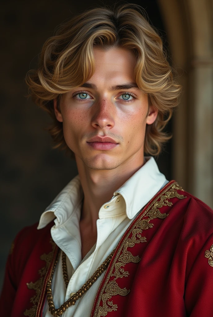 Young man, blue eyes and blonde wave hair, 20 years old, majesty, medieval clothes