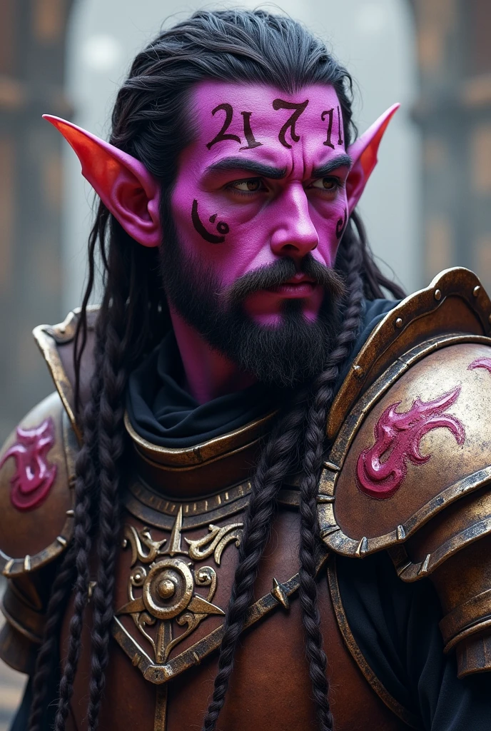 A young male tiefling, infernal numbers on the head, brown eyes, Long dark brown hair in braids and a short beard. Magenta-skinned Tom. Warrior armor made of metal plate.