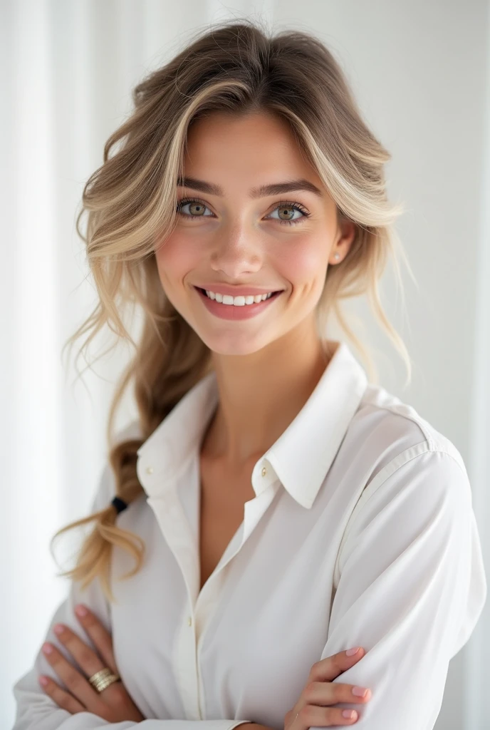((belle femme de chambre:1.5),haute résolution, qualité supérieure),porter l&#39;uniforme de femme de chambre,mains douces, de grands yeux brillants, cheveux bouclés foncés et vibrants, doux sourire, joues roses, Lumière douce, fond blanc pur.  