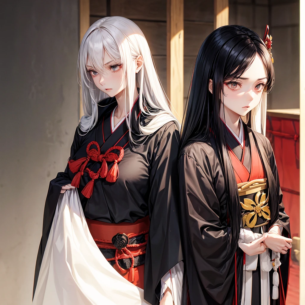 Girls couple. Tall, dominant woman, tanned, long straight black hair, athletic build. submissive woman, short stature, Pale skin, long straight white hair, slender or fragile build. Feudal Japan. Kimono dressed