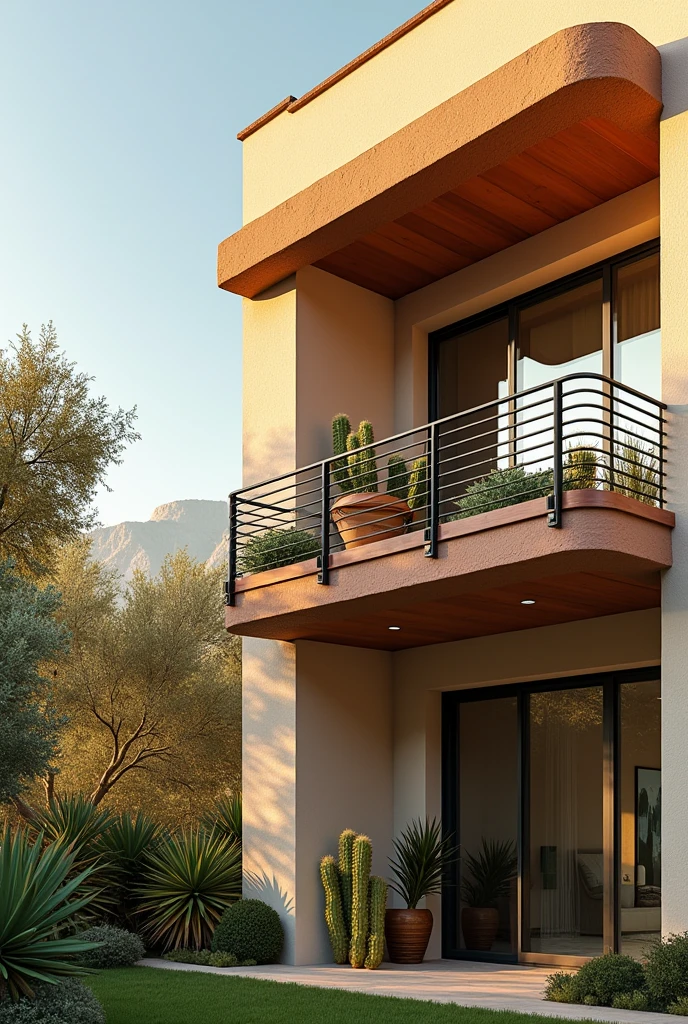 Show images of railings on the second floor of a modern Mediterranean style house with cactus 
