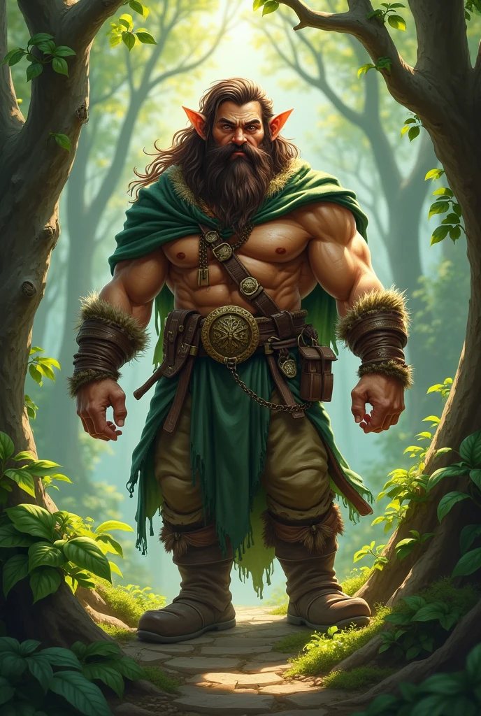Druid halfelin with brown hair and brown eyes, his arms are strong