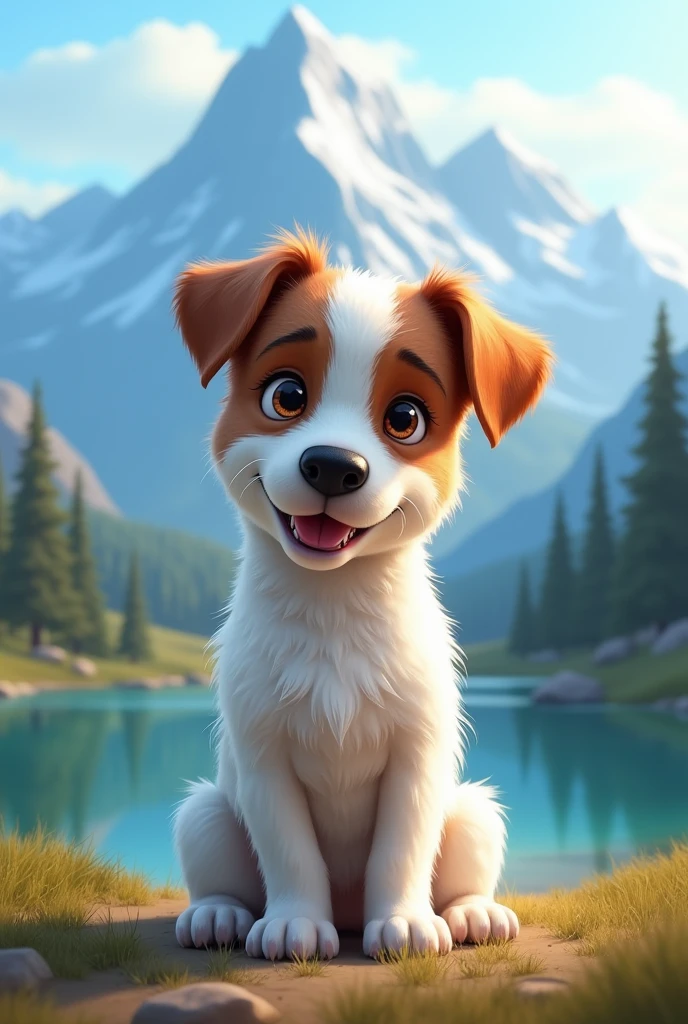 Disney Pixar Style Jack Russell terrier, adult male dog , high quality, best quality, scruffy, white body, no spots on body, mountain range, lake, summit, low angle, close up, bokeh