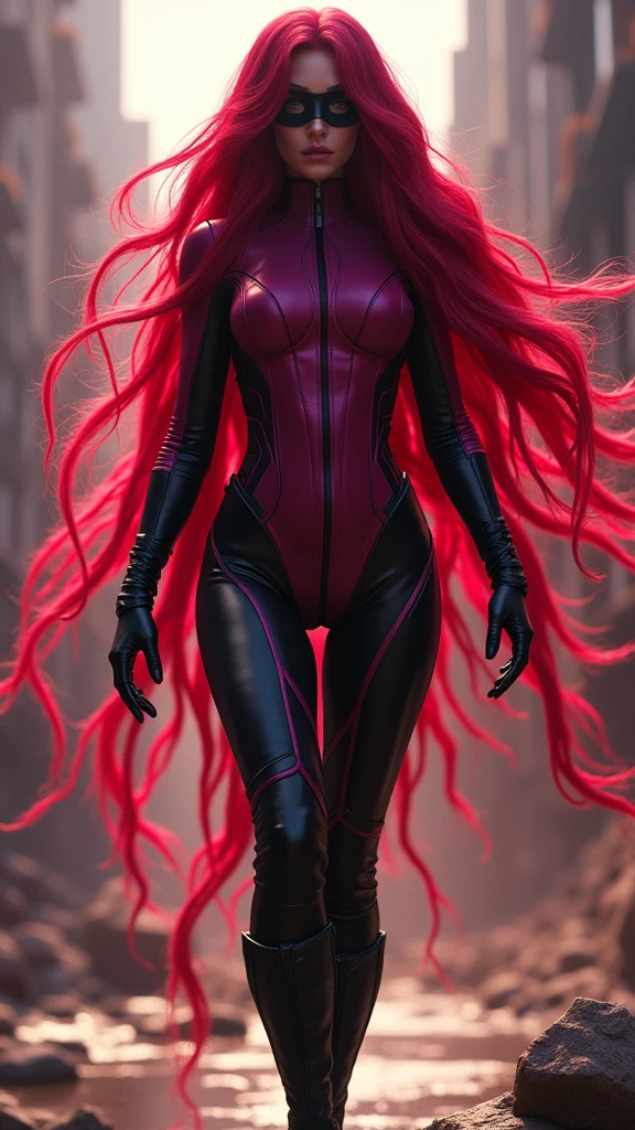 Beautiful woman with abundant, extremely long, six-foot-long, prehensile red hair, fuchsia jumpsuit, black gloves and knee-high boots, black eye mask, Marvel universe.
