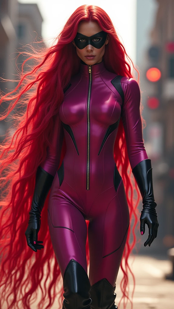 Beautiful woman with abundant, extremely long, six-foot-long, prehensile red hair, fuchsia jumpsuit, black gloves and knee-high boots, black eye mask, Marvel universe.
