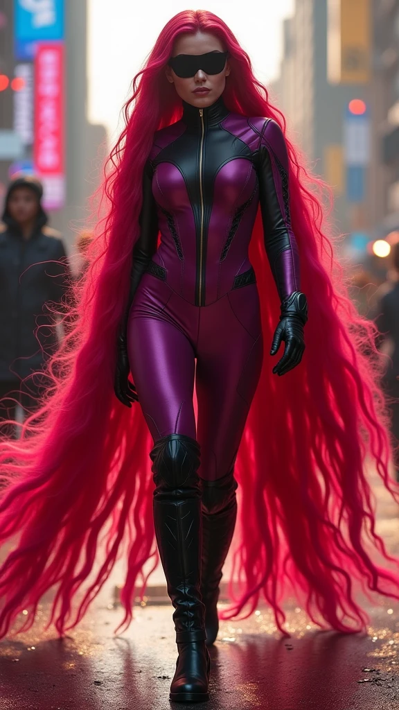 Beautiful woman with abundant, extremely long, six-foot-long, prehensile red hair, fuchsia jumpsuit, black gloves and knee-high boots, black eye mask, Marvel universe.