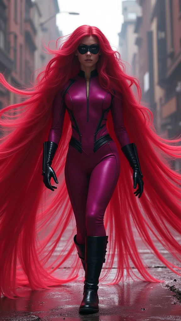 Beautiful woman with abundant, extremely long, six-foot-long, prehensile red hair, fuchsia jumpsuit, black gloves and knee-high boots, black eye mask, Marvel universe.