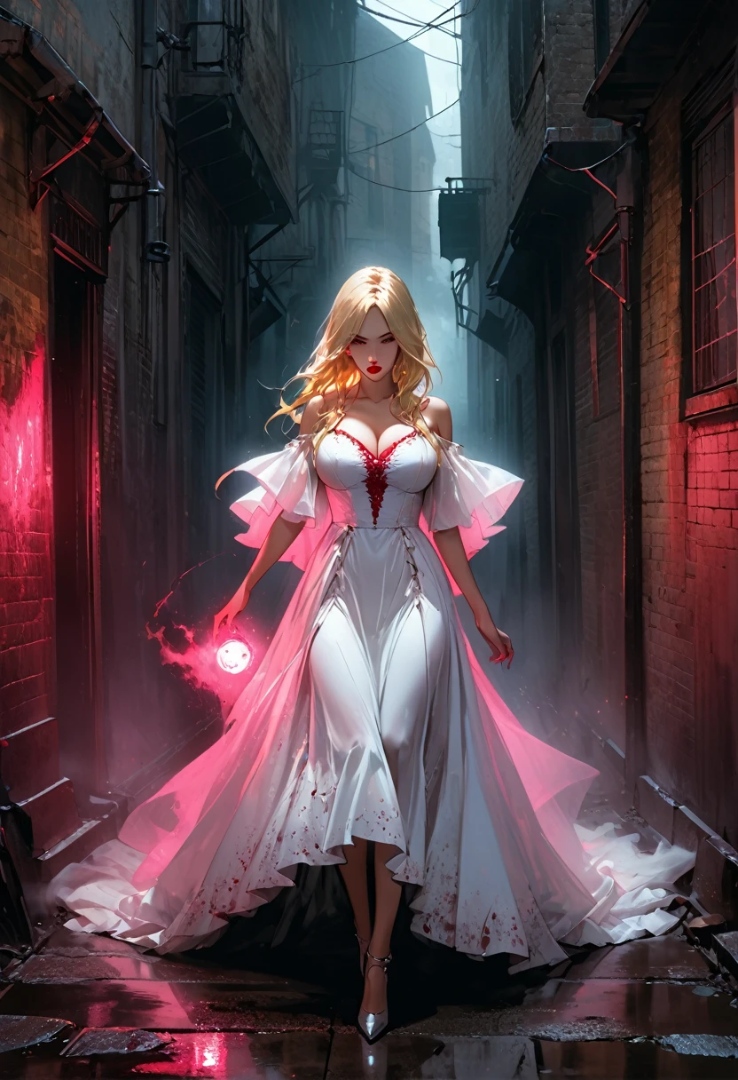 fantasy comic art ((fog: 1.3)) hiding female vampire, you only see a pair of glowing pink glowing eyes )) full body picture, (((the fog hides the face))), red lips, busty, stains of blood,  blond hair, vampire teeth: 1.5) white glamour dress, you see only the glowing eyes , you see only the pair of eyes, fantasy dark alley background, the fog fills the alley, you see only the glowing eyes 