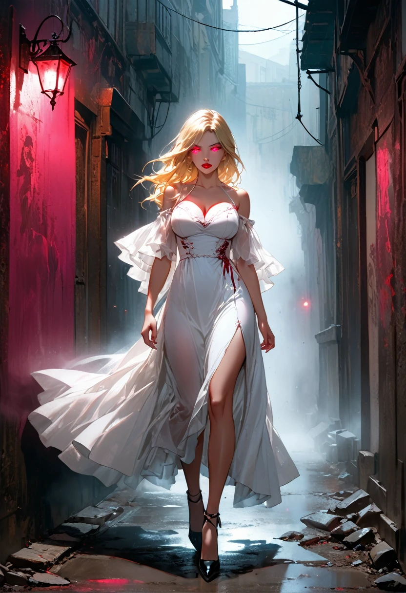 fantasy comic art ((fog: 1.3)) hiding female vampire, you only see a pair of glowing pink glowing eyes )) full body picture, (((the fog hides the face))), red lips, busty, stains of blood, blond hair, vampire teeth: 1.5) white glamour dress, you see only the glowing eyes , you see only the pair of eyes, fantasy dark alley background, the fog fills the alley, you see only the glowing eyes