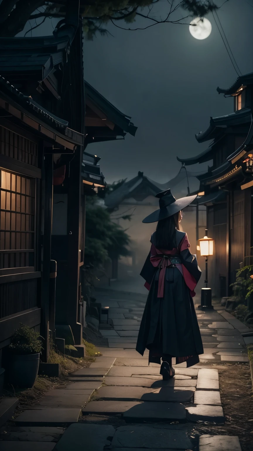A Japanese witch wearing a pointy witch hat and a kimono mixed with witch dress. 真实感. Top quality.ultra high definition.
