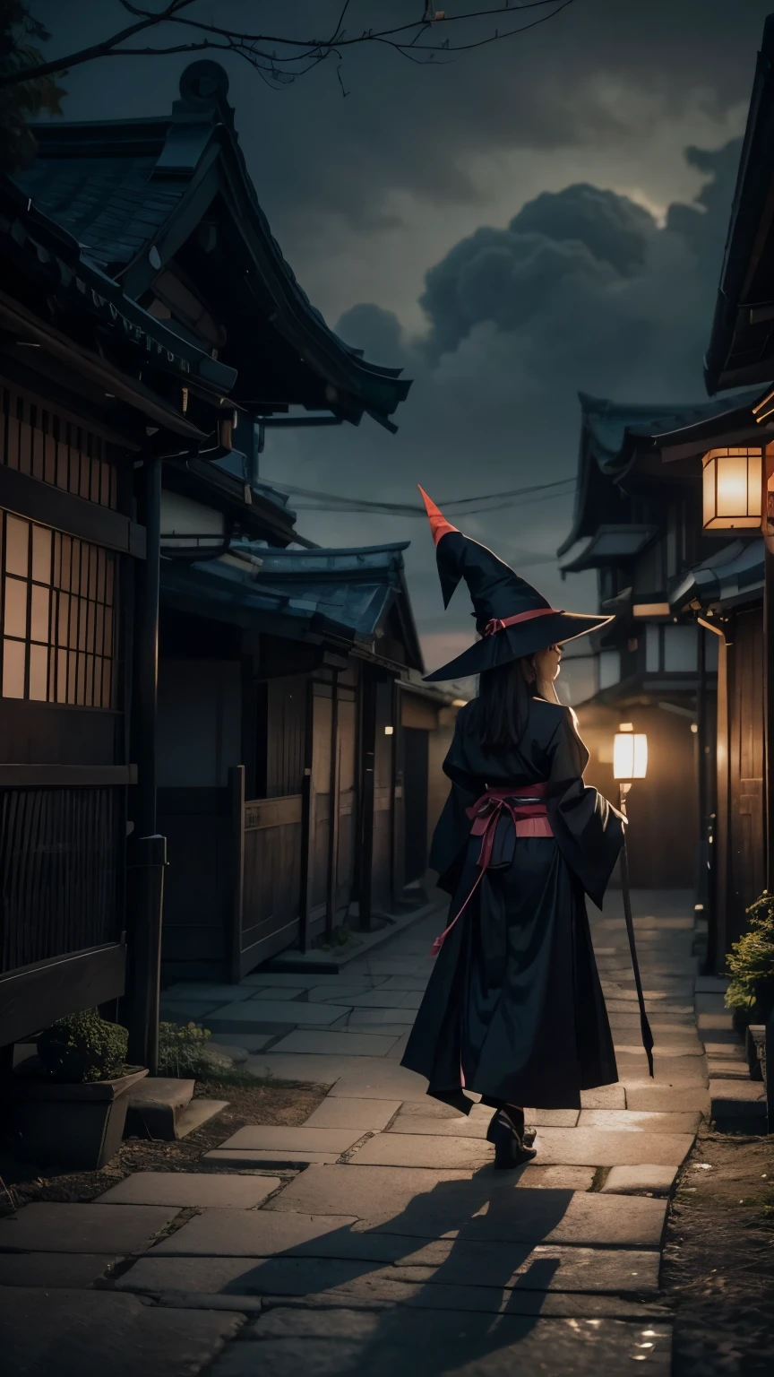 A Japanese witch wearing a pointy witch hat and a kimono mixed with witch dress. 真实感. Top quality.ultra high definition.