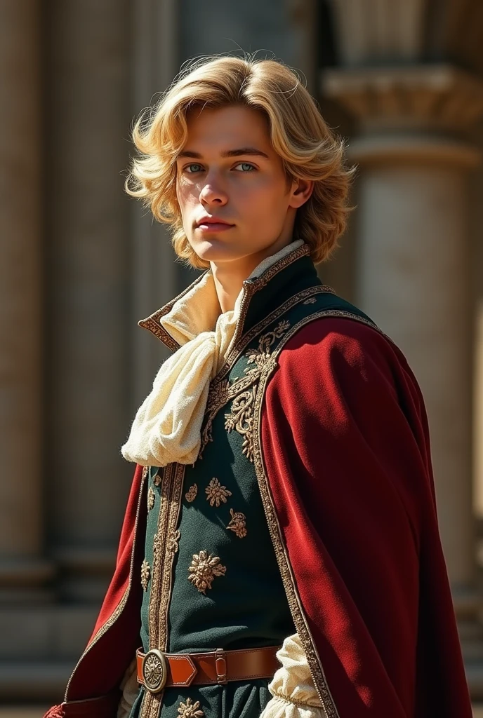 Europe young man, blue eyes and blonde wave hair, 20 years old, majesty, medieval clothes