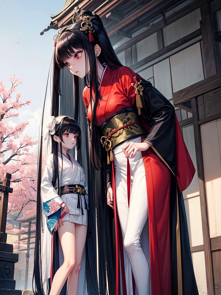 Girls couple. Tall, dominant woman, tanned, long straight black hair, athletic build. submissive woman, short stature, Pale skin, long straight white hair, slender or fragile build. Feudal Japan. Kimono dressed