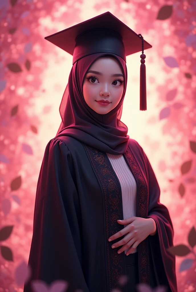 Fan art, consept art, A ,wearing hijab, wearing black graduation hat, in black graduation gown, pink theme background, kawai theme background, leaf effect background, dramatic effect lighting, cute design, bright results 