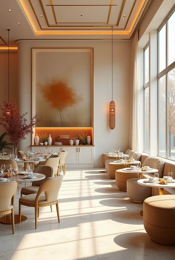a picture of a modern chic restaurant,em tons de branco, beige and gold,no autumn theme