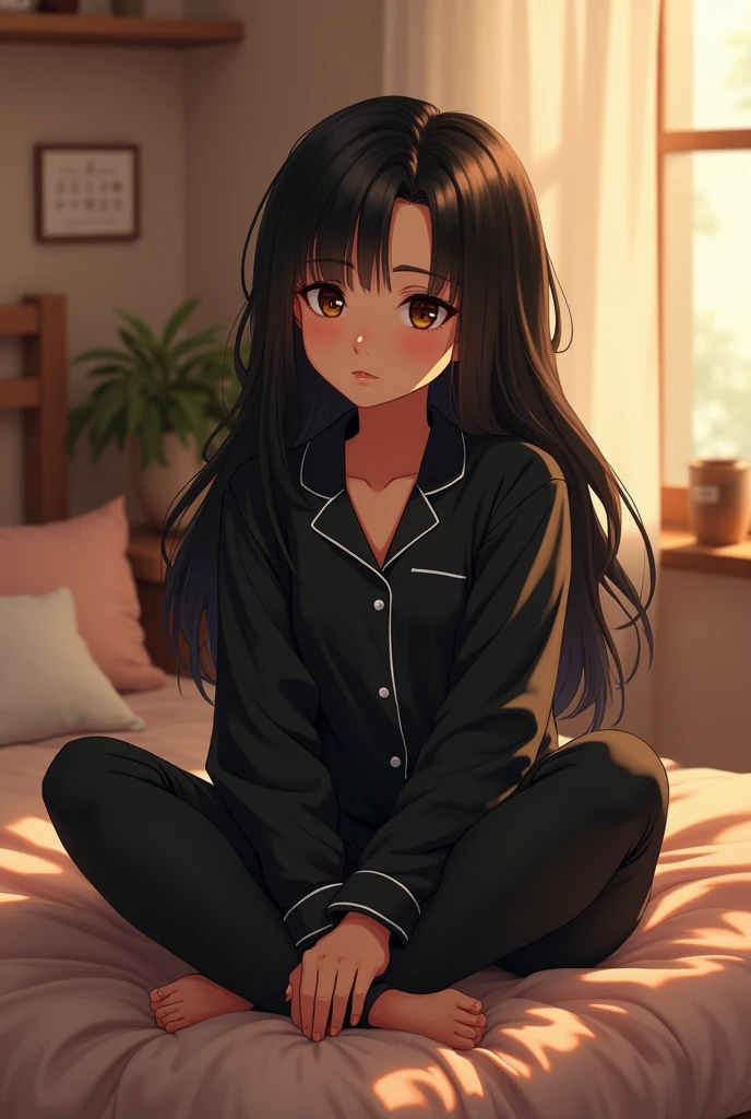 Beautiful mature looking 12 year old, black long hair ,wearing black pajama pants with shirt, daytime, inside her room, on a cozy bed with warm colors