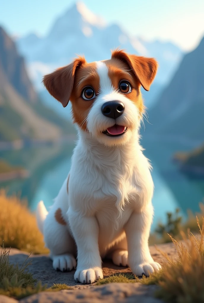 Disney Pixar Style Jack Russell terrier, adult male dog , high quality, best quality, scruffy, white body, no spots on body, mountain range, lake, summit, low angle, close up, bokeh, realistic
