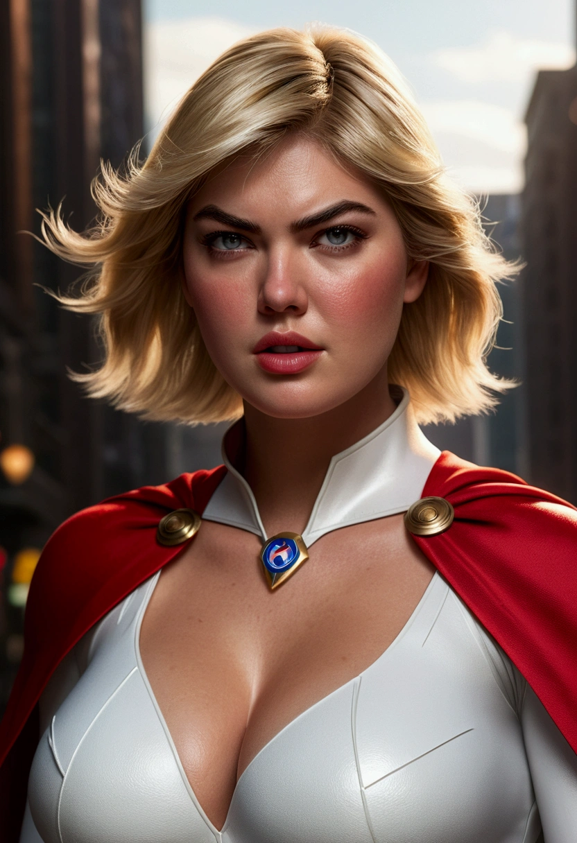 a photorealistic portrait of Kate Upton as Power Girl from DC comics, short blonde hair, wearing a white uniform with a red cape, detailed muscular build, large breasts, dramatic lighting, realistic skin textures, hyper detailed, cinematic composition, vivid colors, (best quality,8k,highres,masterpiece:1.2),ultra-detailed,(realistic,photorealistic,photo-realistic:1.37),cinematic lighting,intricate details