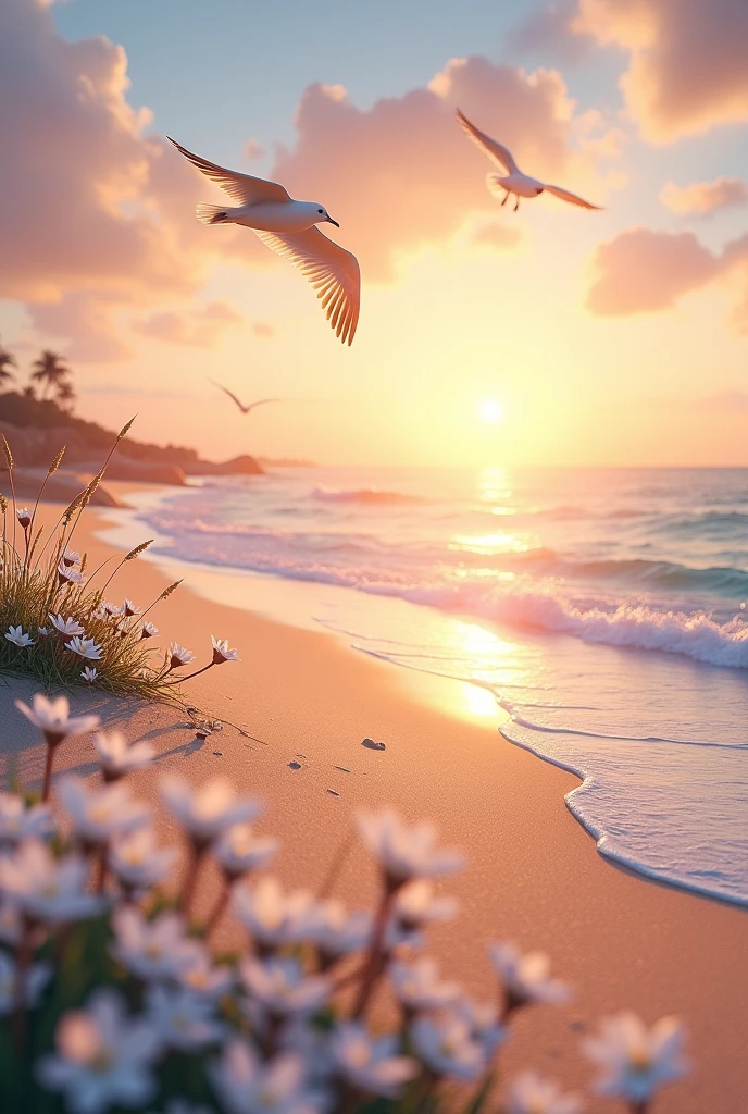 White flowers on the beach under a beautiful sunrise
With birds flying