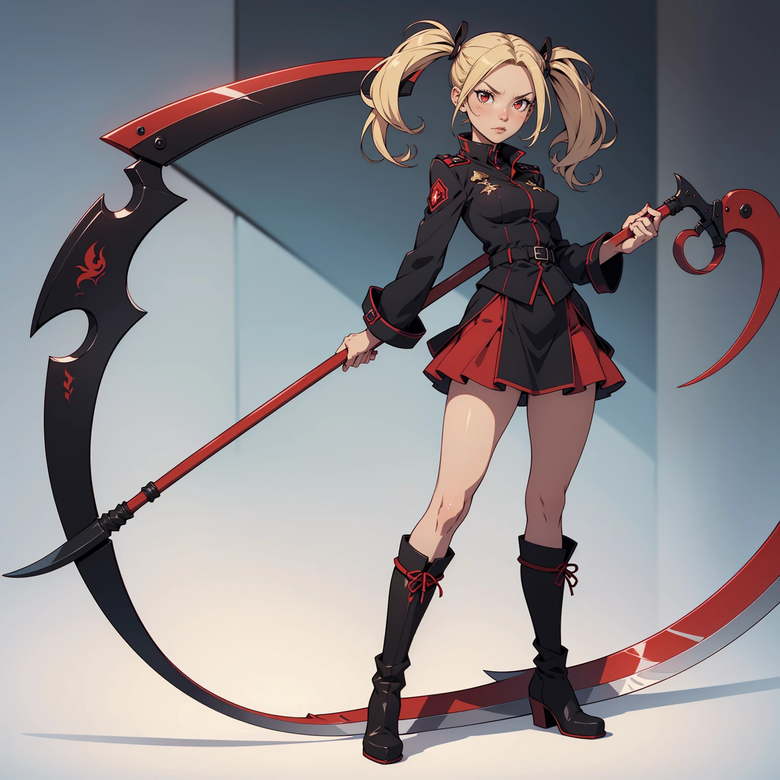 Very detailed, serious facial expression, small breasts, full body view, blonde hair with twintails, red eyes, looking at viewer, black and red uniform, skirt, black boots, combat pose, holding scythe.