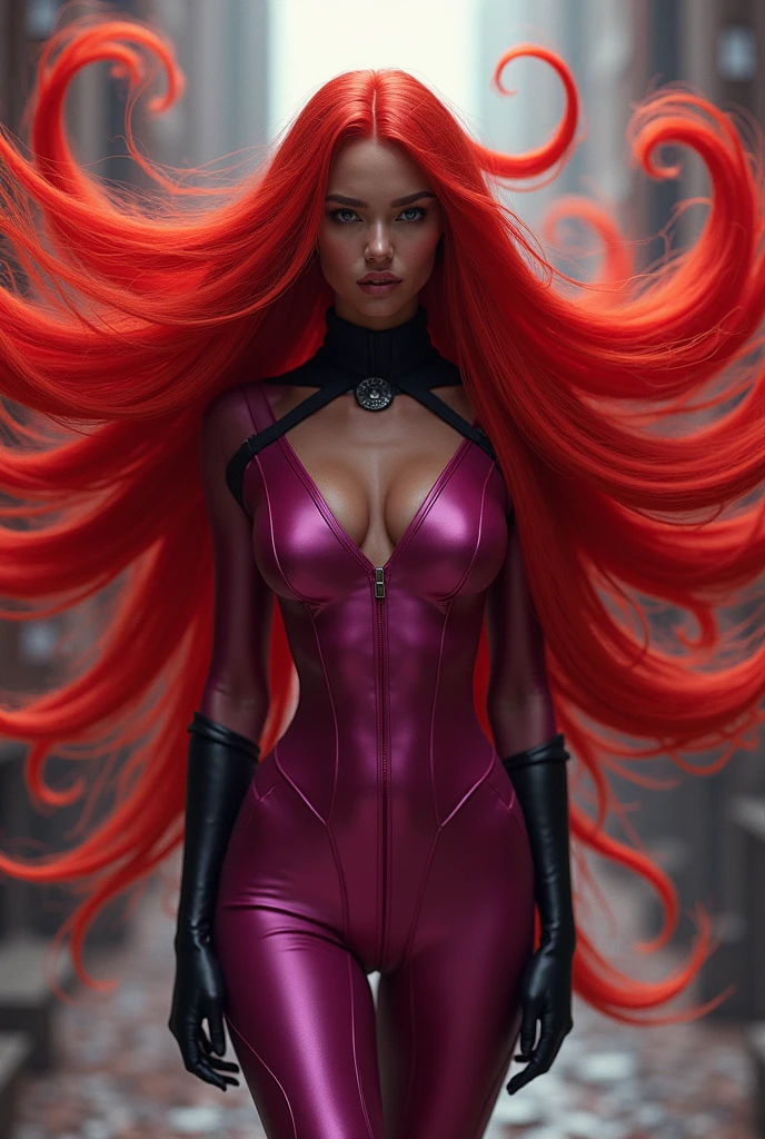 Beautiful woman with extremely long red abundant prehensile hair six feet long fuchsia jumpsuit gloves and knee-length black boots Marvel universe