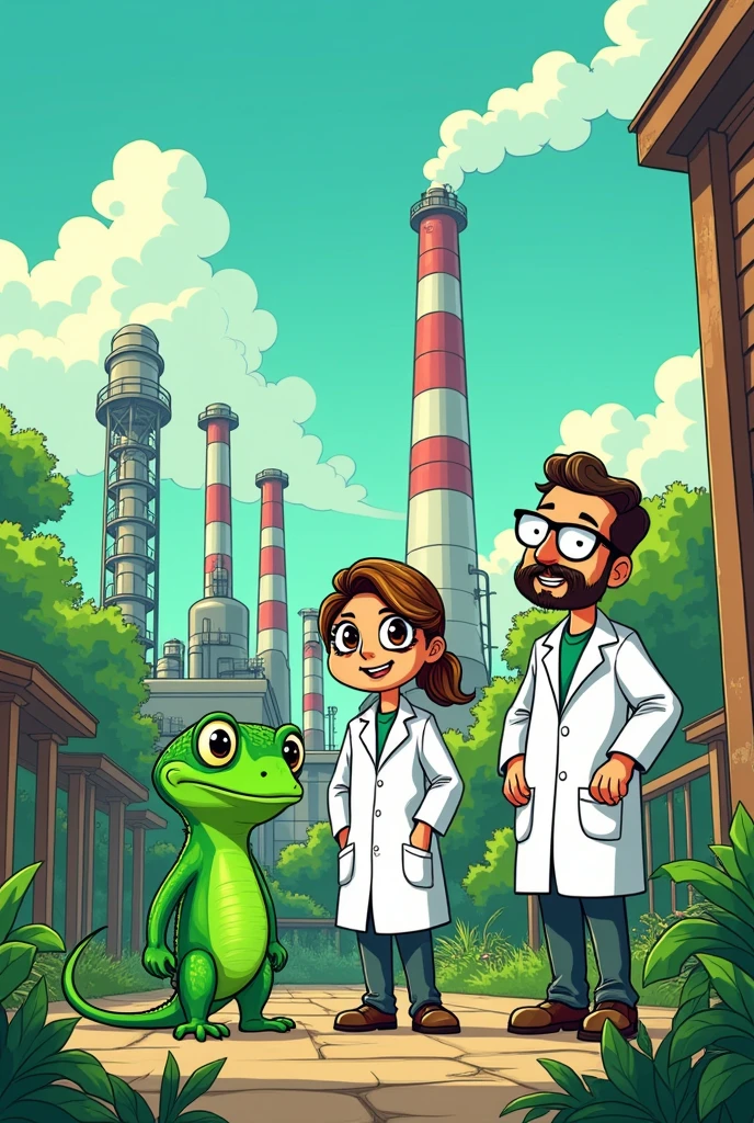 Family of workers with white coats, outside of analitycal boratory, out side of a petroleum refinery, toon, vivid color, specially green , draw one green iguanas, no reallistic, called "ECO FEST", toon