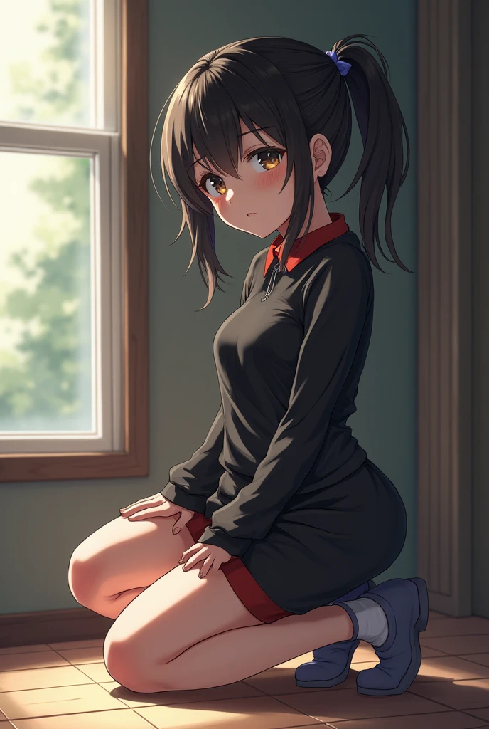 An 18 year old anime girl standing and crouching showing her clean black anus