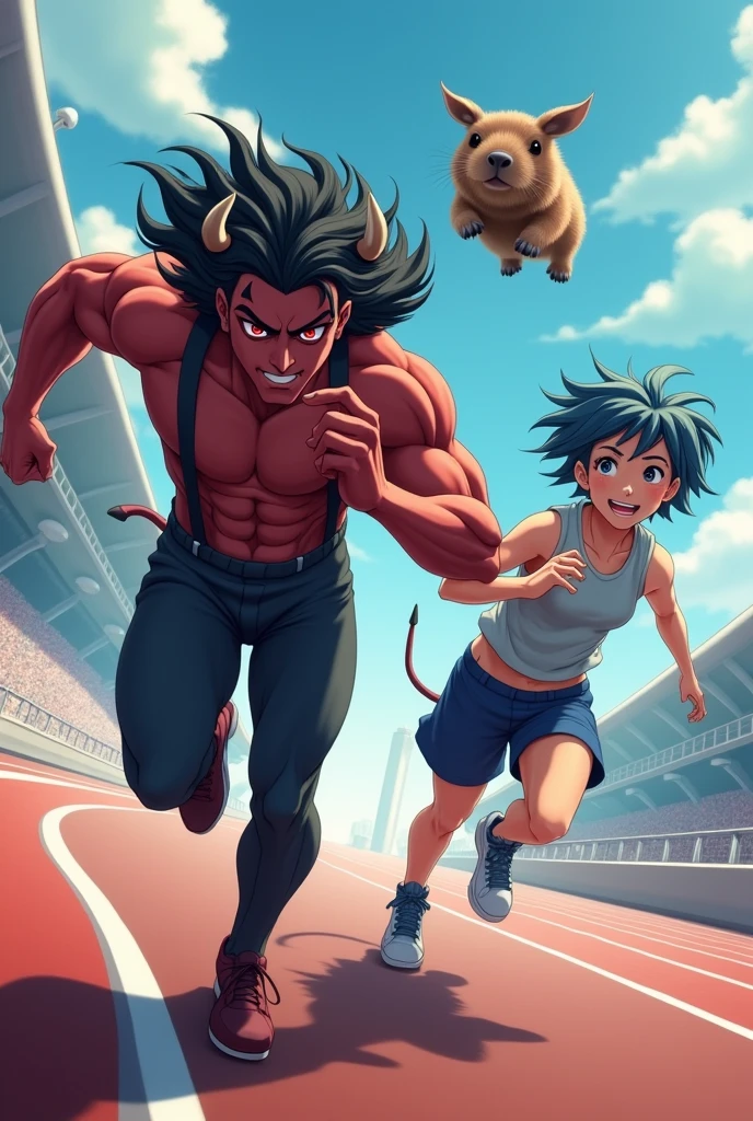 Create a man with beautiful long black hair, red eyes and anime-style devil horns running on a race track next to a young adult with short, messy blue hair, slightly tanned skin and a smile as he is chased by a flying capybara.